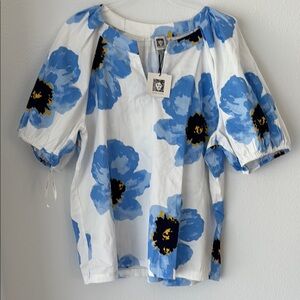Anne Klein Floral Coastal Grecian Puff Sleeve Blouse Top NWT